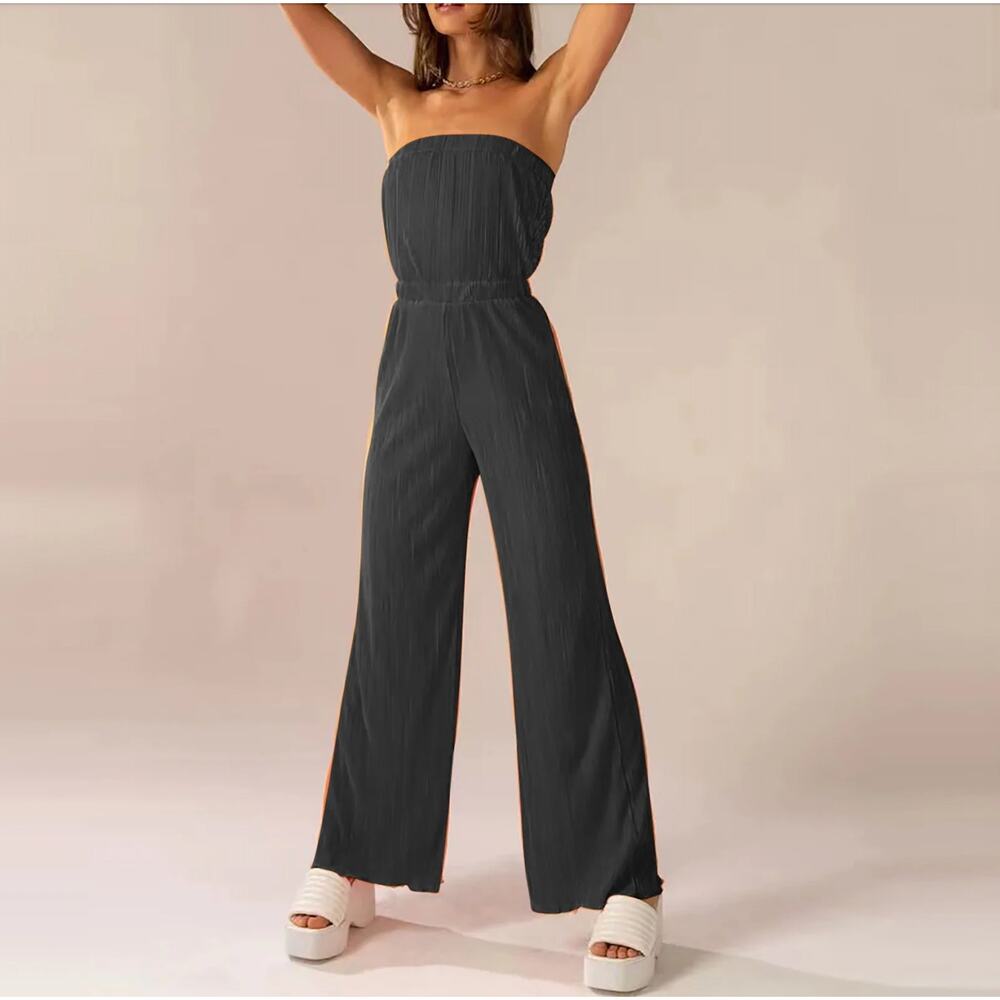 Knot Sister’s Black Ribbed Strapless Jumpsuit Sz XS Wide Leg Boho Minimalist Y2K